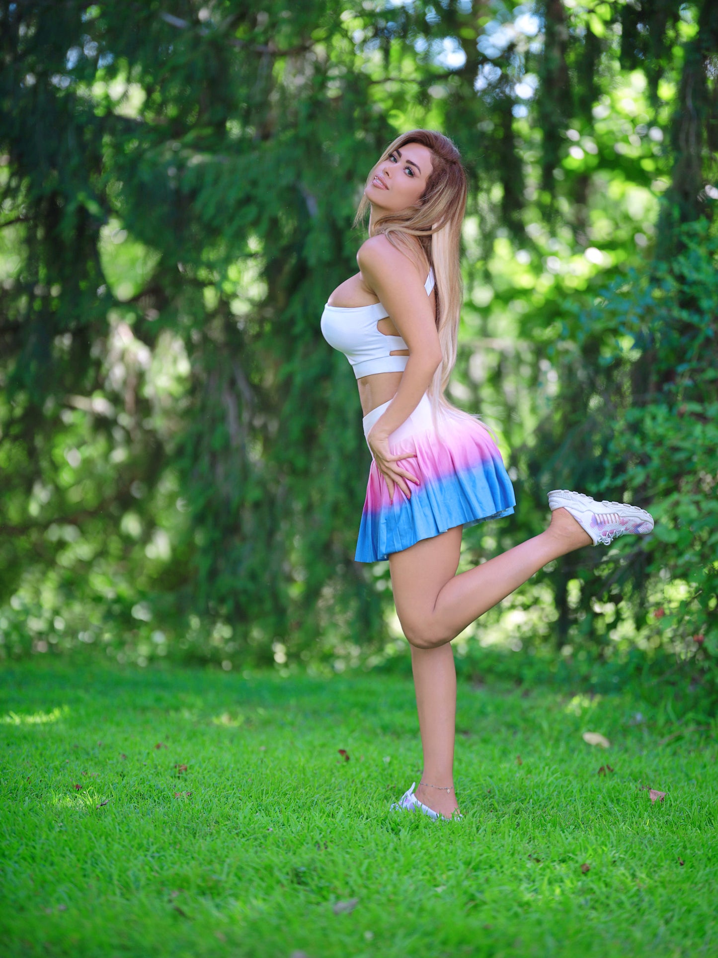Rainbow skirt with one shoulder top